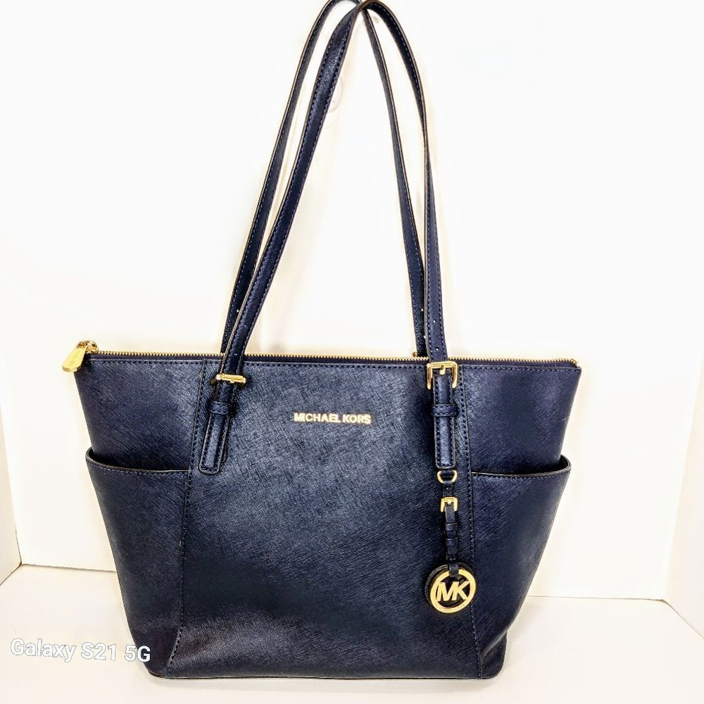 MICHAEL KORS Jet Set  Large Blue Saffiano Leather Top-Zip Tote Bag